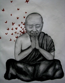 Grade 11: Praying Buddha (Pencil and pen). For our 5 hour practical exam, I sat down and drew this buddhist monk to accompany the mixed media mannequin piece.