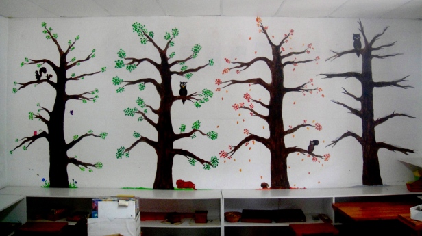 I was asked to paint murals at a Montessori preschool. They wanted something that would teach the kids about the different seasons and enchanted world, so I spent two afternoons attached to this wall with tubes of acrylic paint and some lovely music.